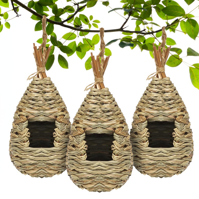 Gute Hummingbird Houses for Outside Hanging, Natural Grass Hanging Bird Hut, Hand Woven Bird Nest, Large Wren Finch Bird House for Garden Window Outdoor Home Decoration, 3 Pack - Image 1